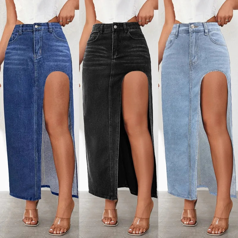 Denim High Slit Low Waist Distressed Bodycon Wrapped Long Jean Maxi Streetwear Skirt