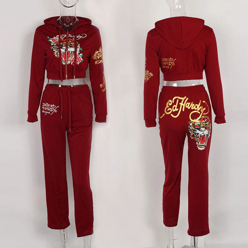 "Ed Hardy" Print Crop Zipper Hoodie Jacket + Drawstring Sweatpants Women's Tracksuit