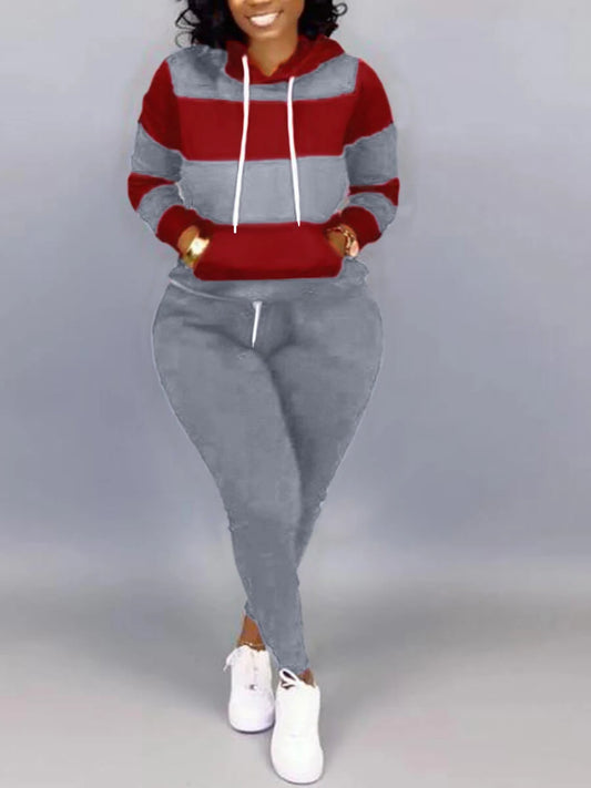 Striped Drawstring Hoodie Sweatshirt + Sweatpants Ladies Tracksuit to 5X Plus Size