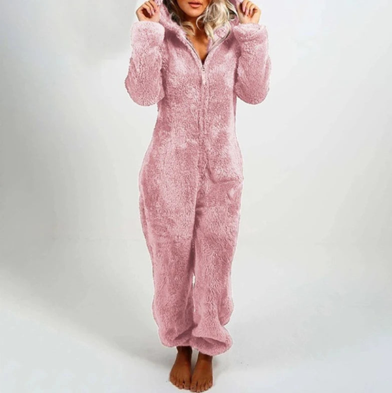 Faux Fur Fleece Women's Onesie Zipper Hoodie Teddy Jumpsuit