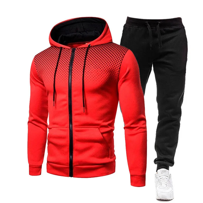 Men's Polka Dot Print Fleece Zipper Hoodie Sweatshirt + Solid Color Jogger Sweatpants Tracksuit