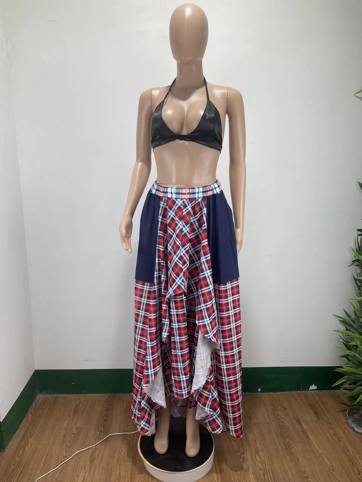 Plaid Patchwork Asymmetrical Big Swing Floor Length Skirt