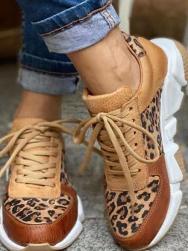 Leopard Platform Round Toe Low-top Wedge Lace Up Women's Sneakers