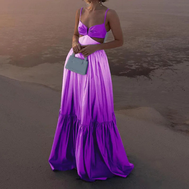 Gradient Tie-Dye Ombre Spaghetti Strap V-Neck Hollow-Out Backless Flared Ruffled Sleeveless Maxi Dress