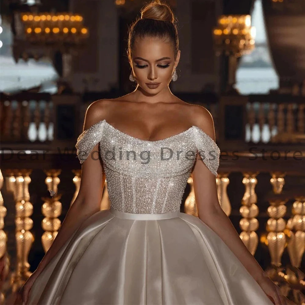 Arabic Princess Off-the-Shoulder Sequined Beaded Floor-Length Bridal Gown Dress w/ Sweep Train