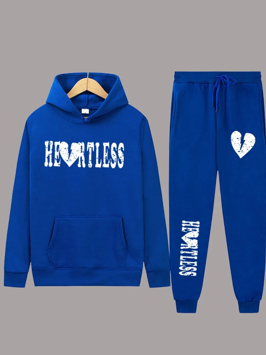 "Heartless" Heart Print Kangaroo Pocket Long Sleeve Hoodie + Sweatpants Ladies Tracksuit