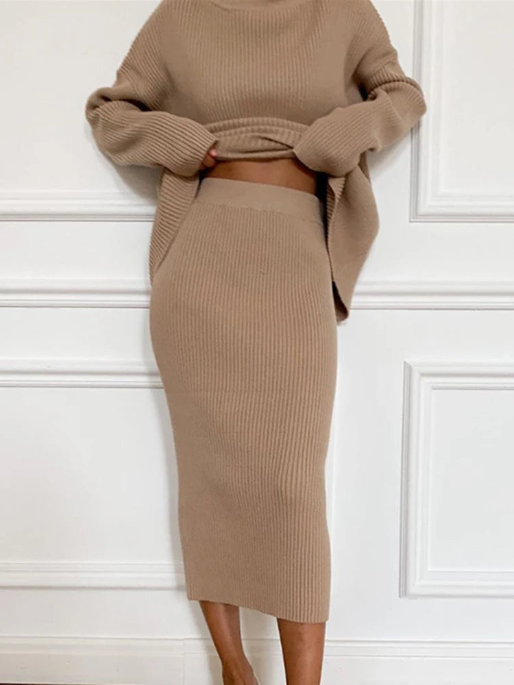 Turtleneck Pullover Ladies Sweater + Knitted Matching Midi Skirt 2-Piece Sweater Set to 5X Plus Size