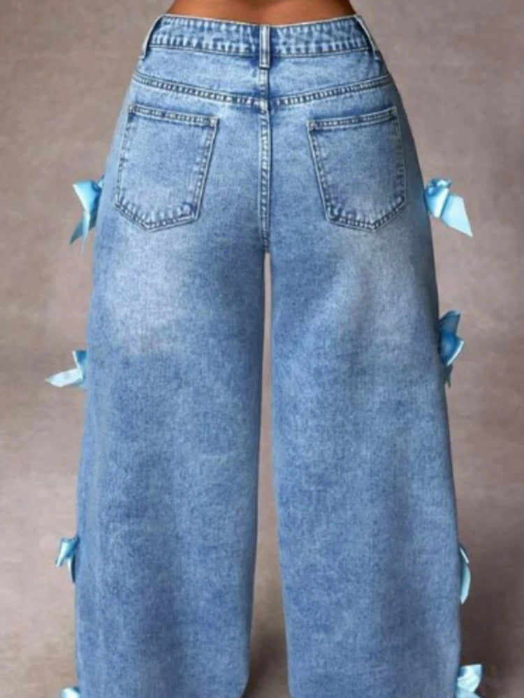 Pink/Blue Bowknot Decor Distressed Washed Light Blue Denim Women's Baggy Aesthetic Jeans