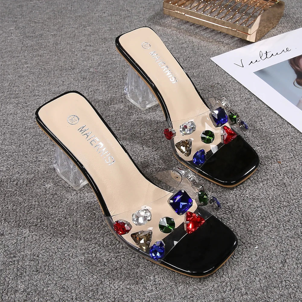 PVC Transparent Clear Crystal Rainbow Rhinestone Embellished Open Toe Low Heel Women's Sandals