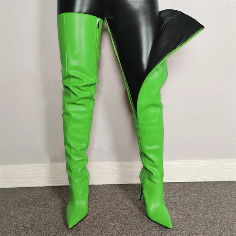 Solid Color Over-the-Knee Pointed Toe Stiletto Zipper Boots