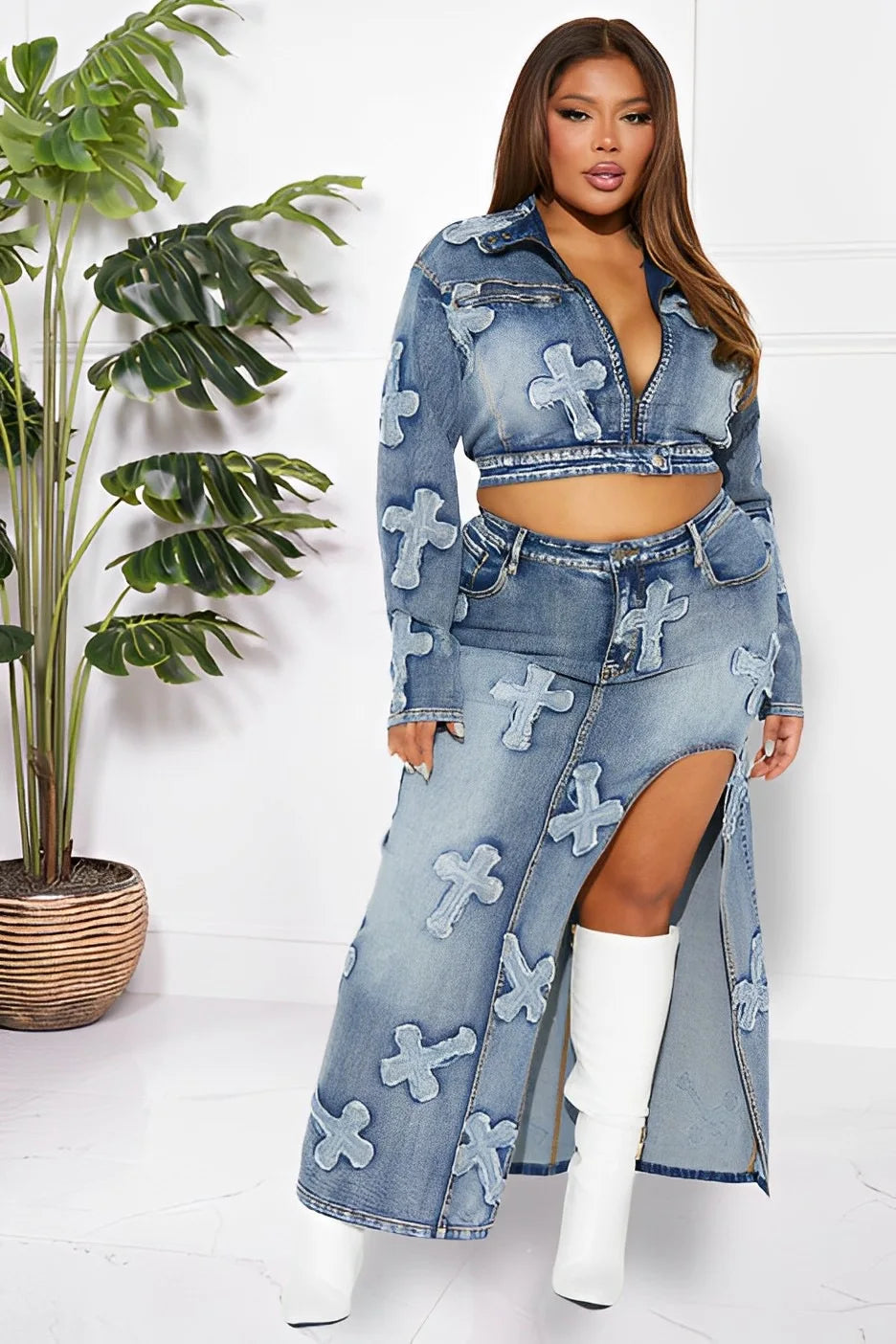 Denim Washed Cross Embroidered O-Neck Zipper Jean Jacket + High Slit Maxi Skirt 2-Piece Set