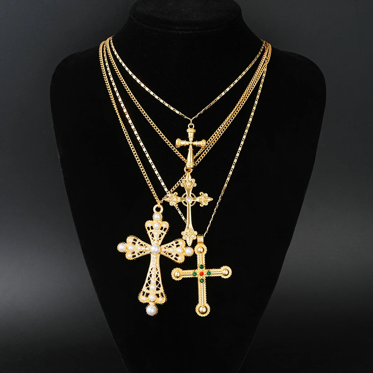Punk Crystal Cross Pendant Necklace 4-Piece Jewelry Set