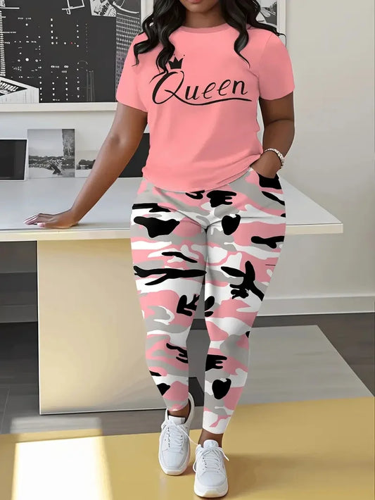 "Queen" Letter Print Women's O-Neck Short Sleeve T-Shirt + Camoflauge Pocketed Pants to 5X Plus Size