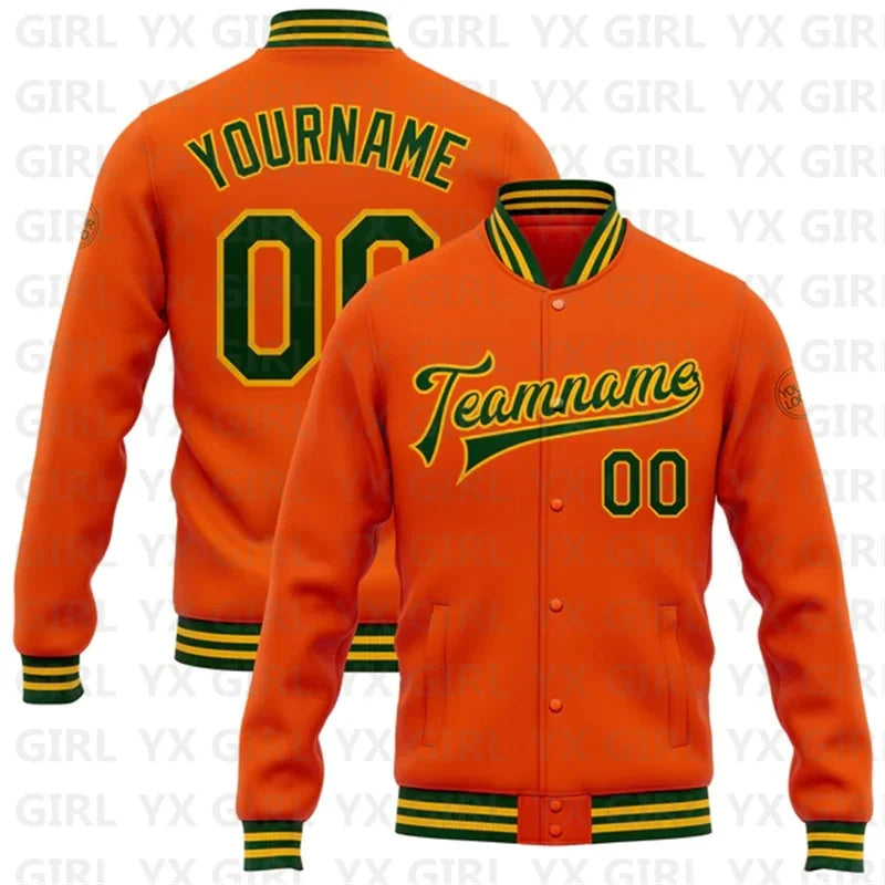 Customized Orange Navy-White Personalized Name Letter 3D Print Full-Snap Varsity Letterman's Baseball Button-Up Bomber Jacket