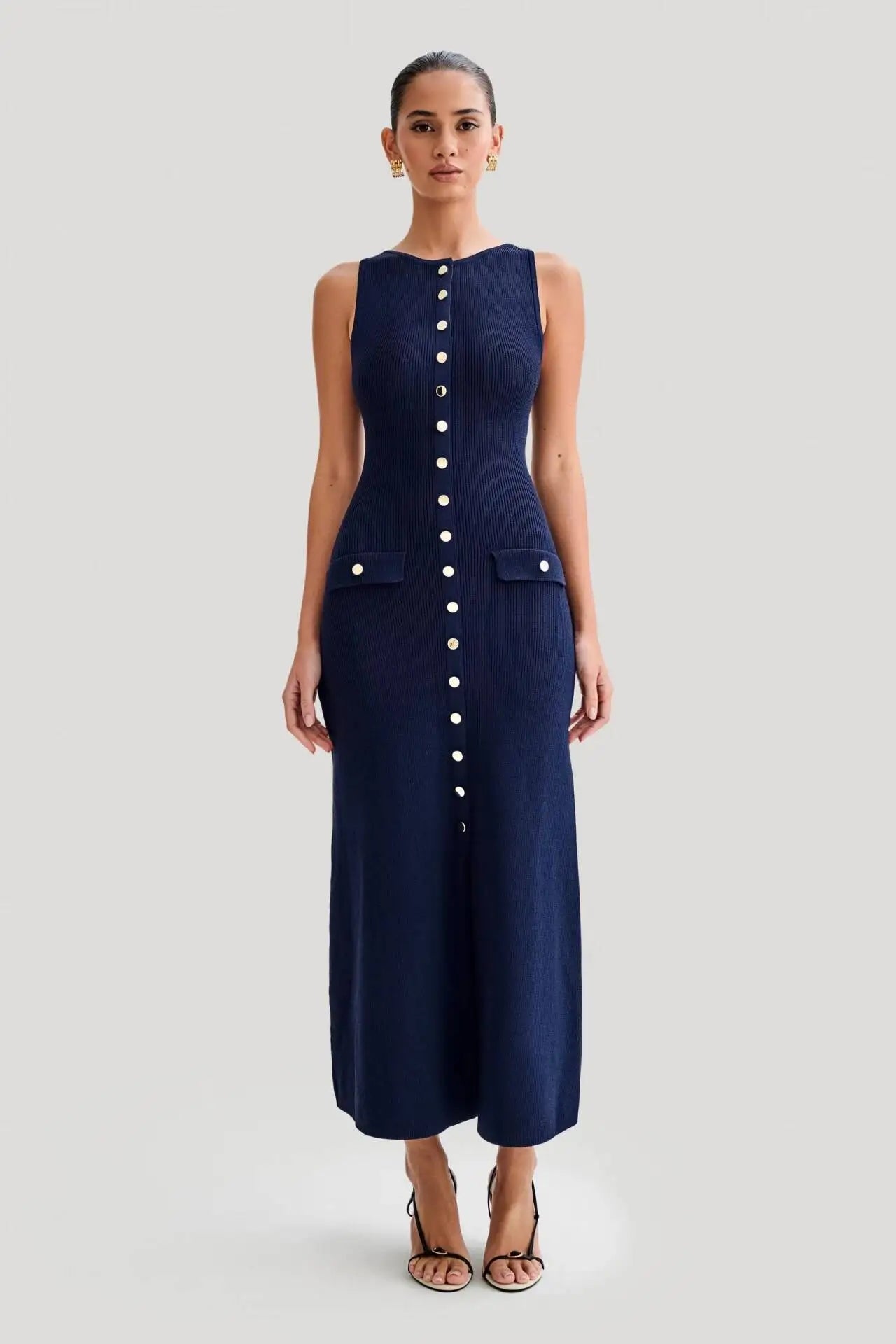 Ribbed Sleeveless Knitted O-Neck Button-Up Sleeveless Single Breasted Double Pocket Design Bodycon Sweater Dress