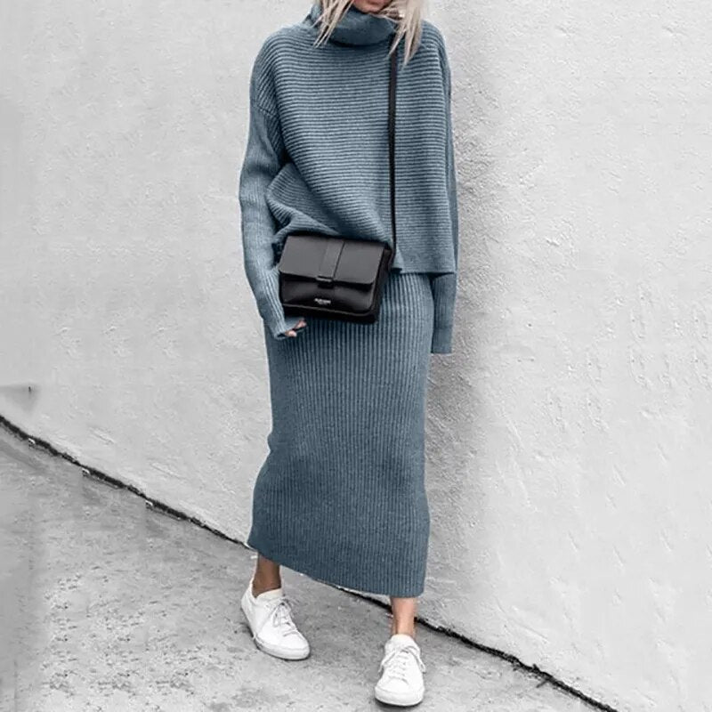 Solid Knitted High Neck Loose Sweater + Matching Knitted Maxi Skirt 2-Piece Set