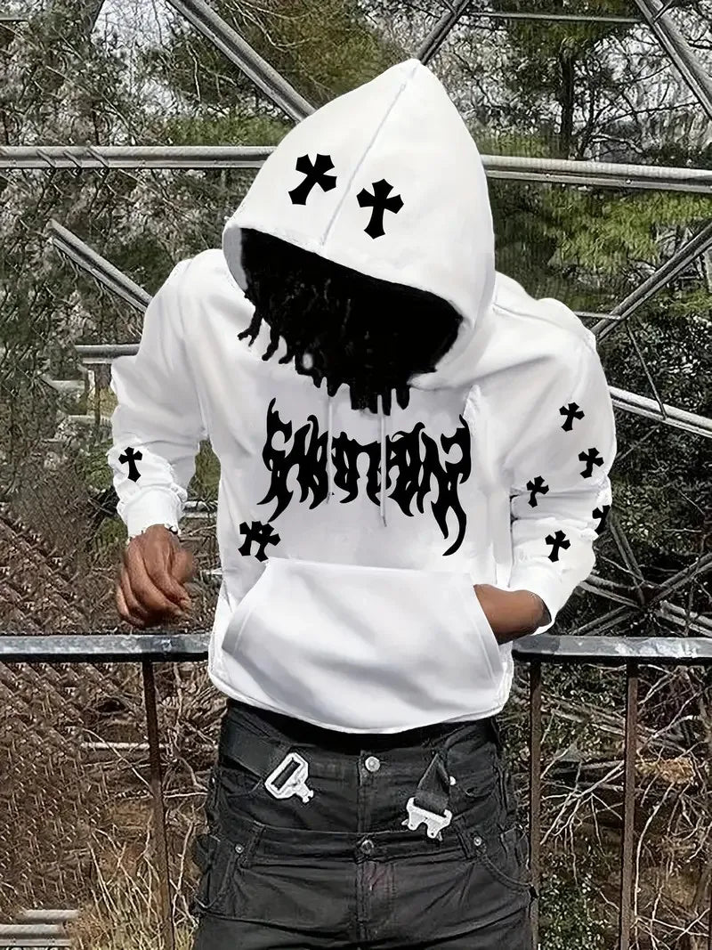 Men's Hip-Hop 3D Cross Print Pullover Drawstring Hoodie Sweatshirt