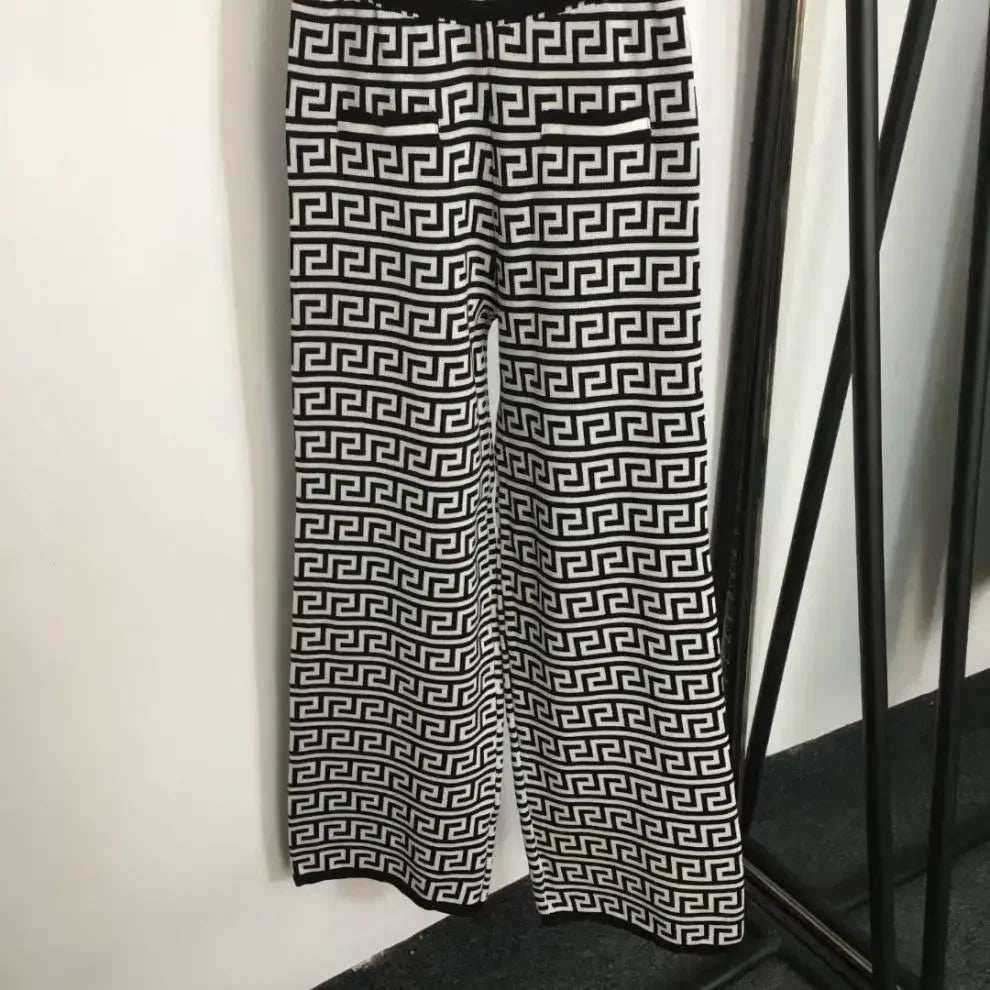 Geometric Colorblock Print Knitted Women's Open Cardigan Sweater + Matching Tank Vest Top + High Waist Wide Leg Pants 3-Piece Set