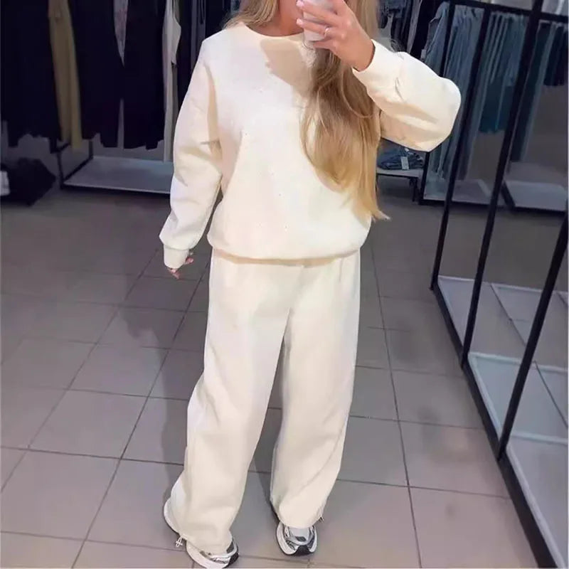 Rhinestone Glitter Women's O-Neck Pullover Sweatshirt Lace-Up Pants Tracksuit
