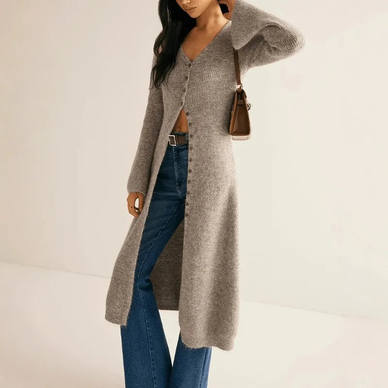 Knitted Long Flared Sleeve Button Front Bodycon Women's Maxi Sweater