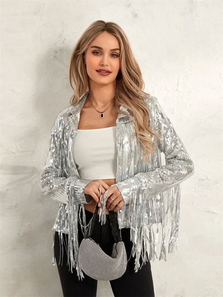 Sparkling Metallic Sequin Tassel Fringe Western Women's Long Sleeve Open Cowgirl Jacket