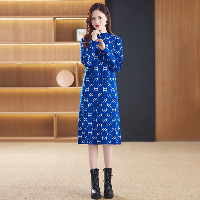 Vintage Geometric Monogram Print O-Neck Long Sleeve Midi Dress