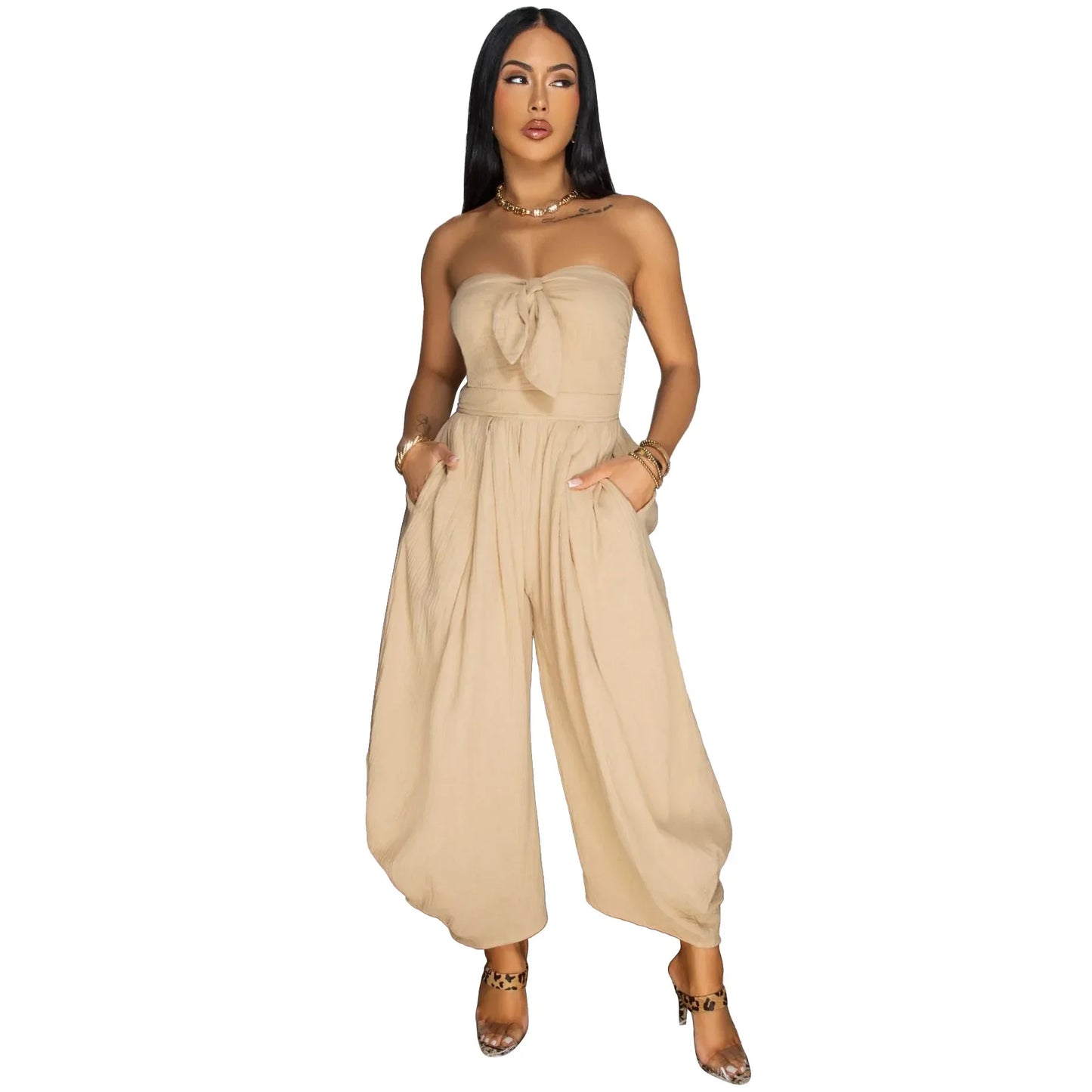 Sleeveless Bowknot Design Solid Color Baggy Tube Top Women's Jumpsuit