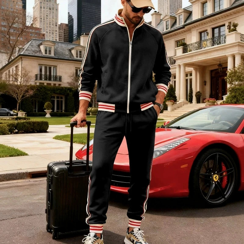 Men's Fleece Lined Heated Zipper Long Sleeve O-Neck Bomber Sports Jacket + Jogger Sweatpants Tracksuit