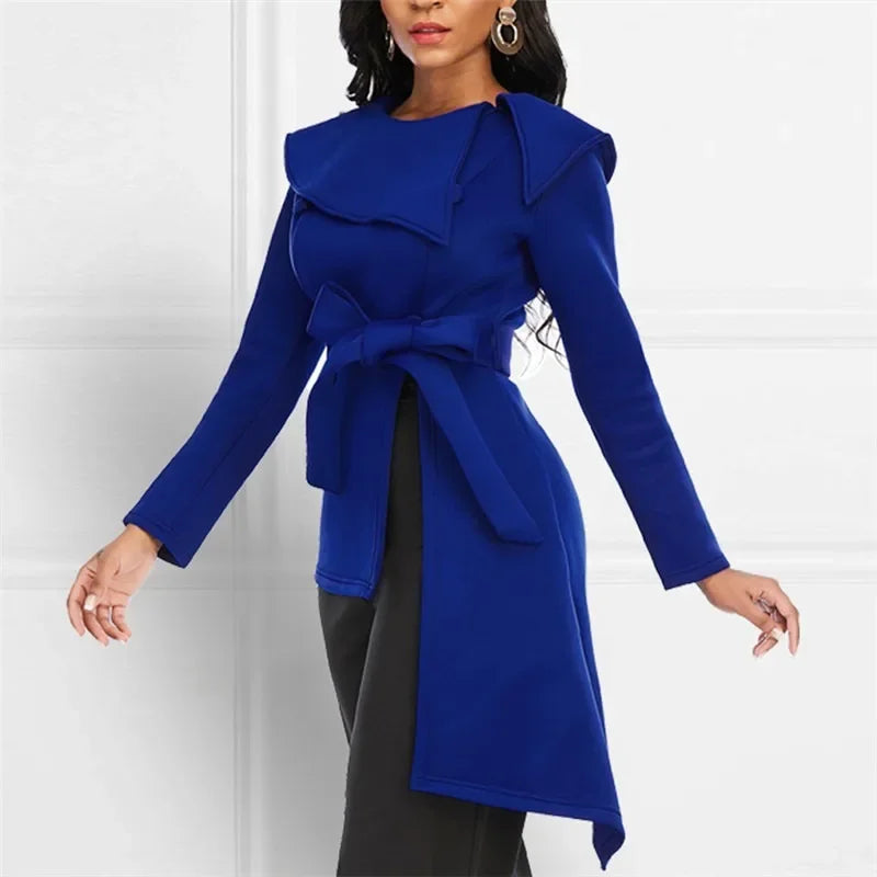 Butterfly Sleeve Irregular Solid O-Neck Ladies Asymmetrical Sash Belt Maxi Blazer