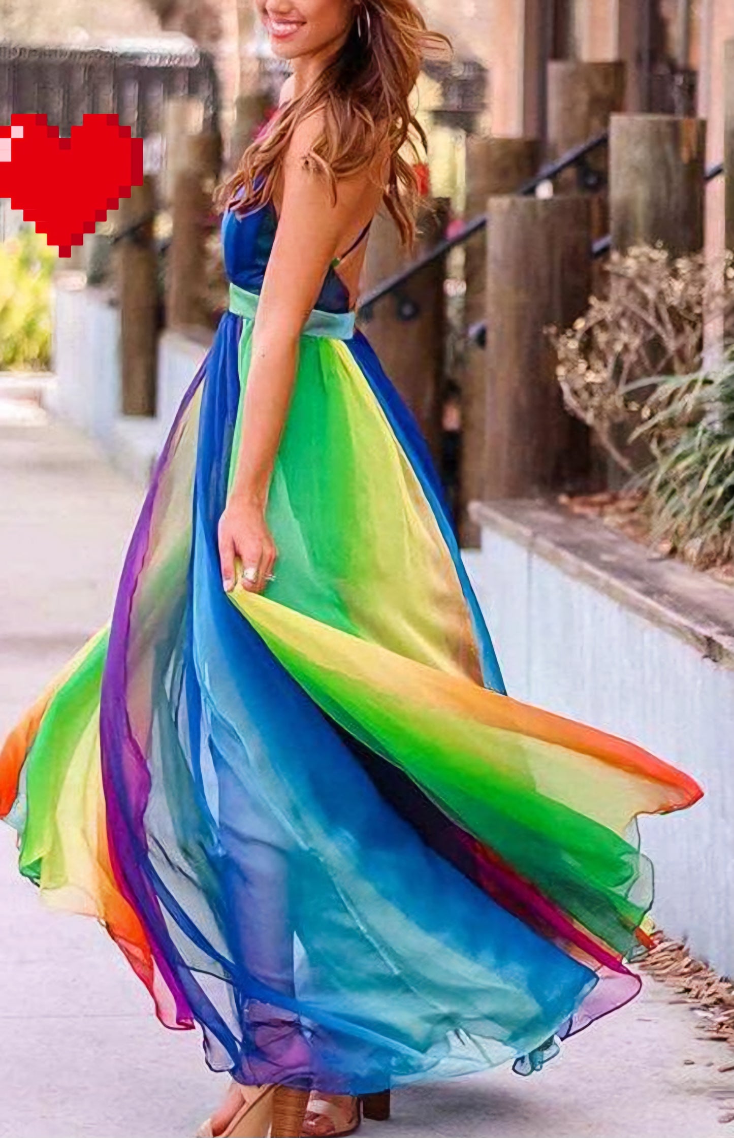 Chiffon Rainbow Colorblock Striped Mesh Spaghetti Strap V-Neck Maxi Dress