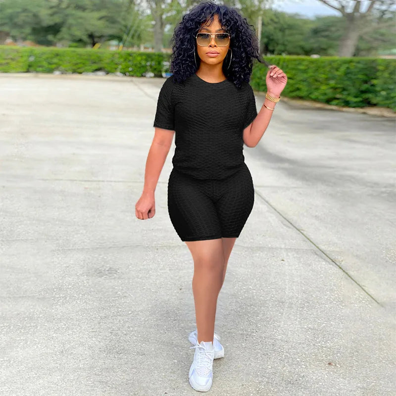 Texturized Sportswear O-Neck Solid Color Short Sleeve Women's T-Shirt + Shorts 2-Piece Fitness Workout Set