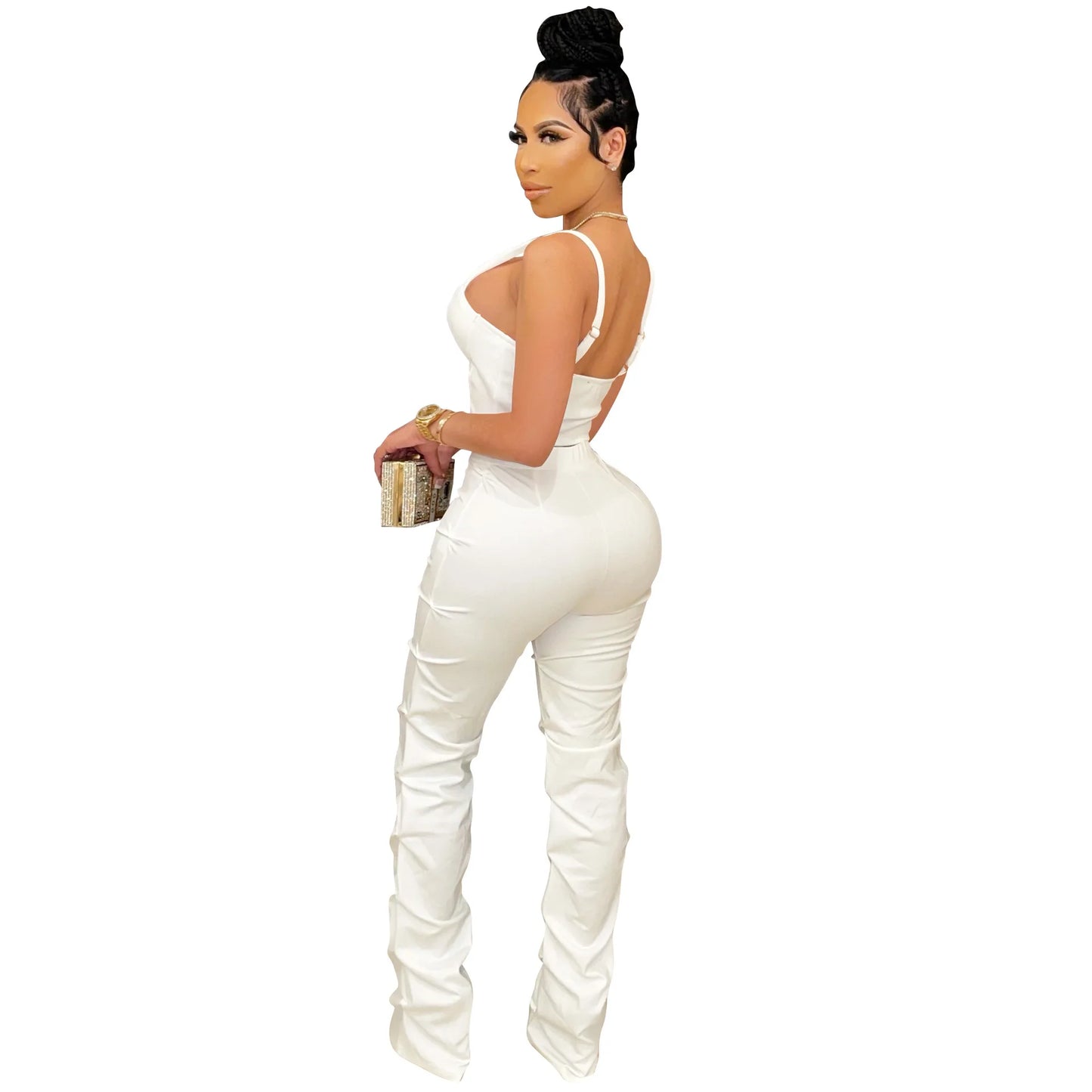 Corset Top Hollow-Out Zipper Front Cropped Tank Top + Stacked Zipper Front Pants Women's 2-Piece Set