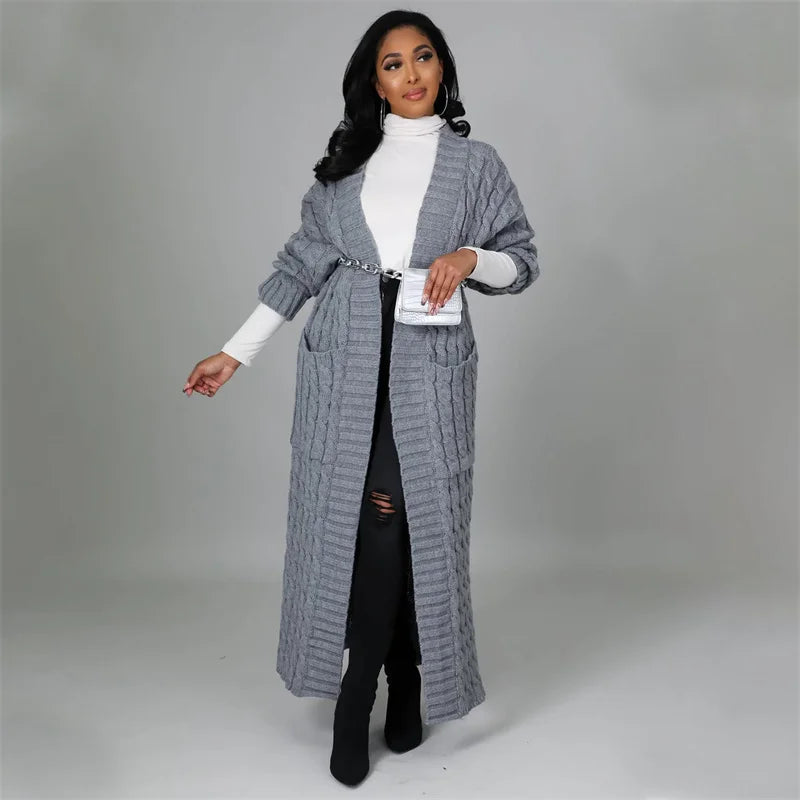 Knitted Weave Pattern Ribbed Maxi Cardigan Sweater