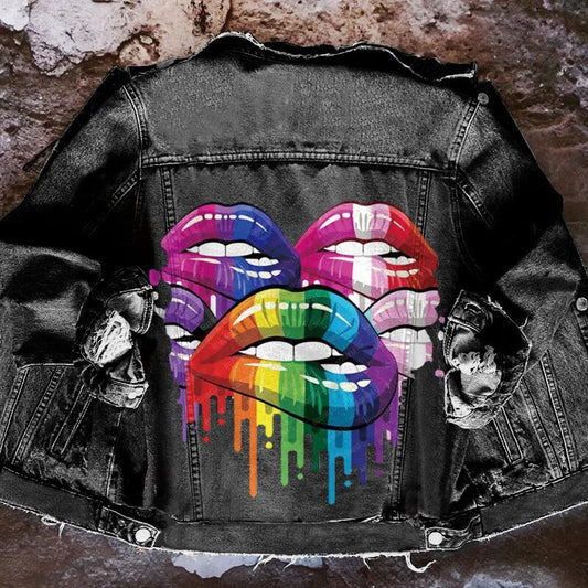 Denim Women's Paint Drip Lips Graffiti Print Jean Jacket