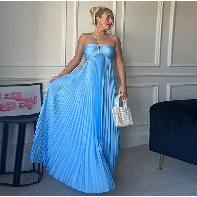 Pleated Halter Spaghetti Strap Backless Sleeveless Beach Maxi Dress