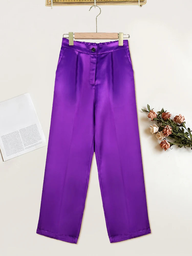 Shiny Women's Satin High Elastic Waist Ankle-Length Office Pencil Pants w/ Pockets to 4X