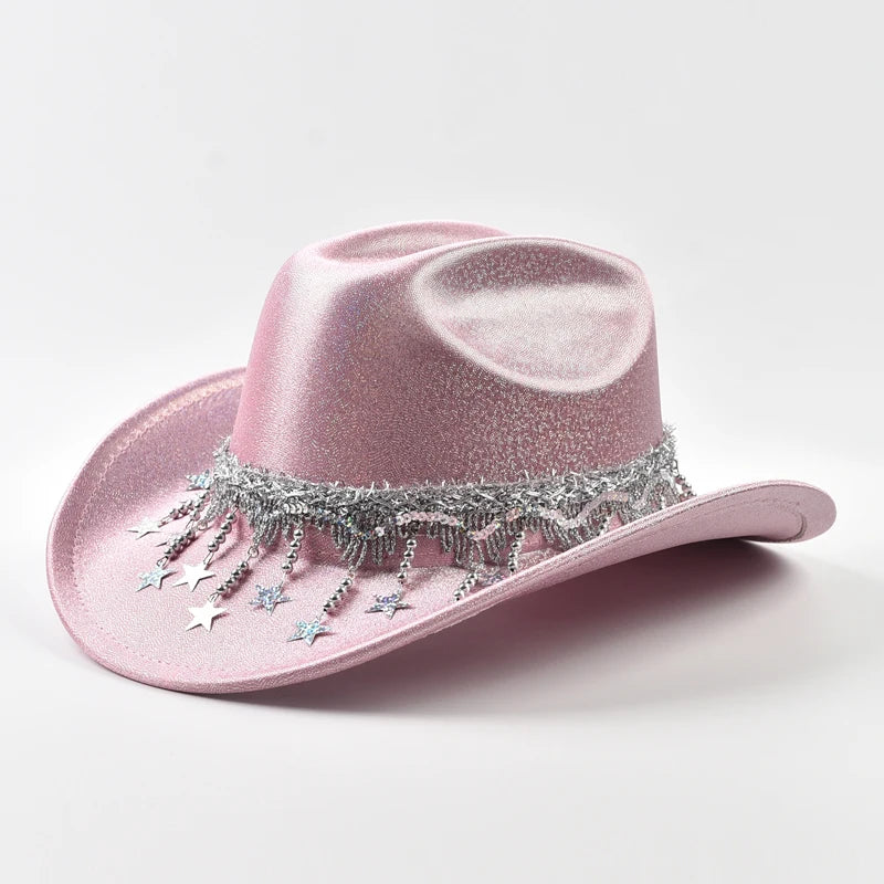 Sequin Rhinestone Metallic Tassel Fringe Women's Cowgirl Fedora Hat
