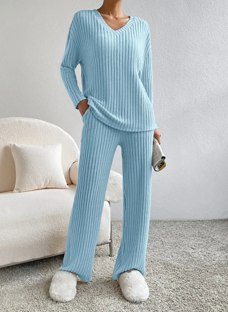 Solid Knitted Ribbed Long Sleeve V-Neck Ladies Top + Matching Leggings 2-Piece Loungewear Set