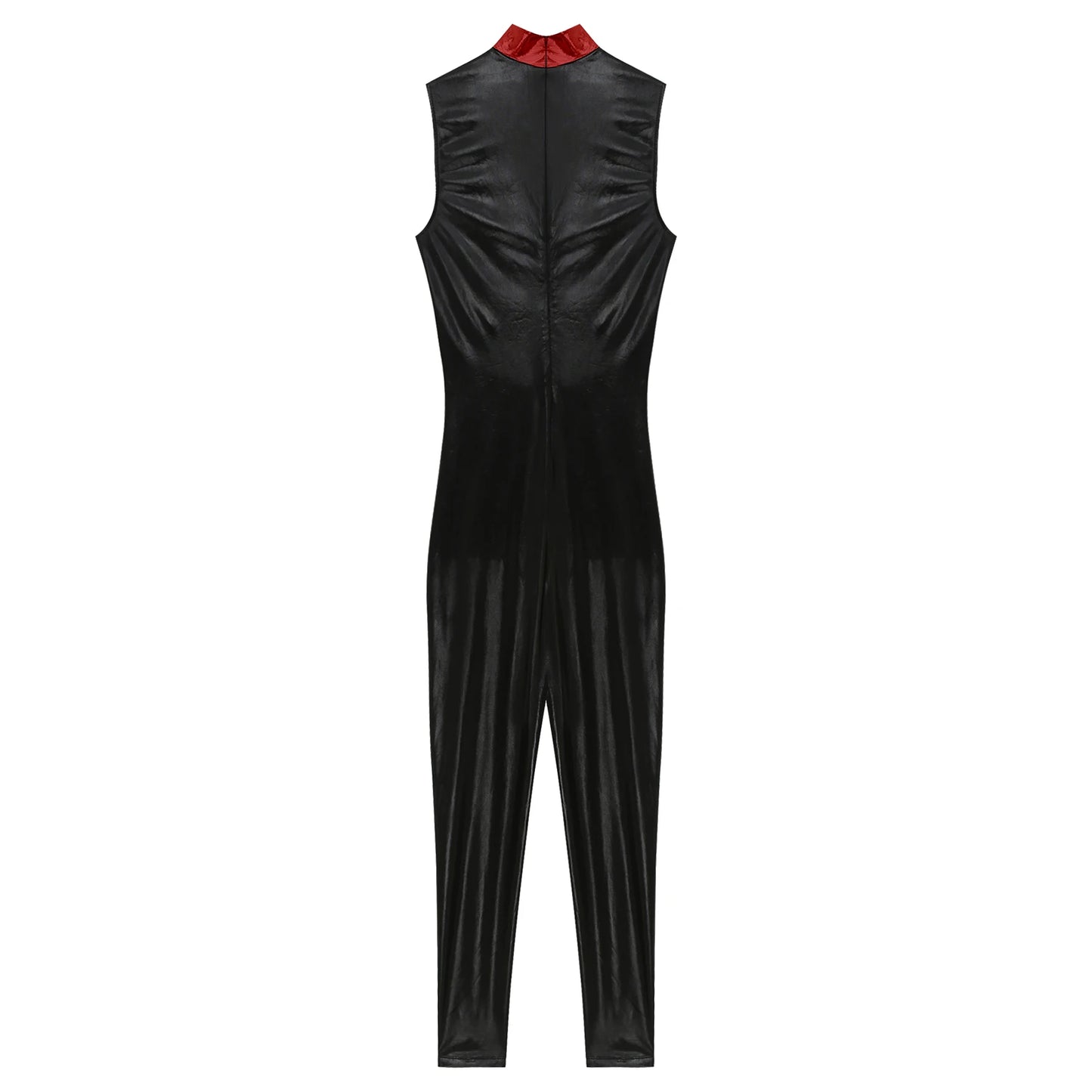 Metallic Patchwork Colorblock One-Piece Mock Neck Sleeveless Leotard Jumpsuit