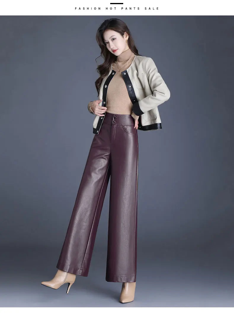 Designer Women's PU Leather Solid Color Wide Leg Pants