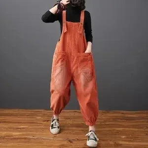 Corduroy Women's Solid Color Loose Rompers Pocketed Wide Leg Overall Jumpsuit