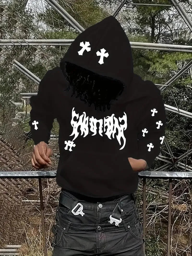Men's Hip-Hop 3D Cross Print Pullover Drawstring Hoodie Sweatshirt