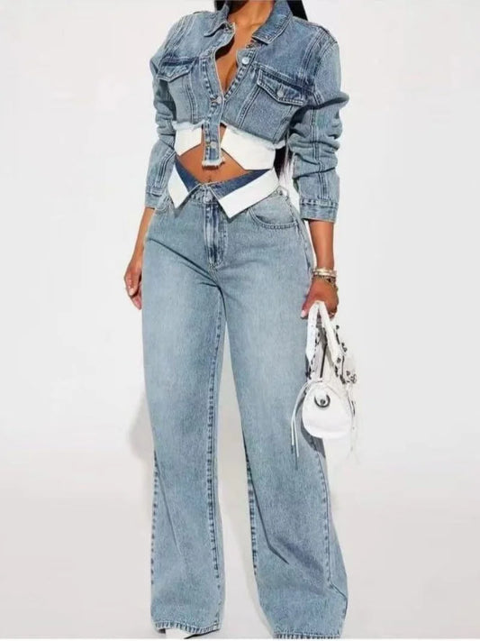 Washed Denim Long Sleeve Cropped Jean Jacket + Straight Jeans  Set