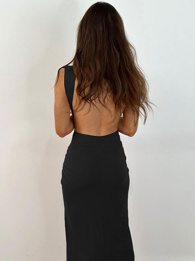 Ruched Backless V-Neck Hight Slit Bodycon Maxi Dress