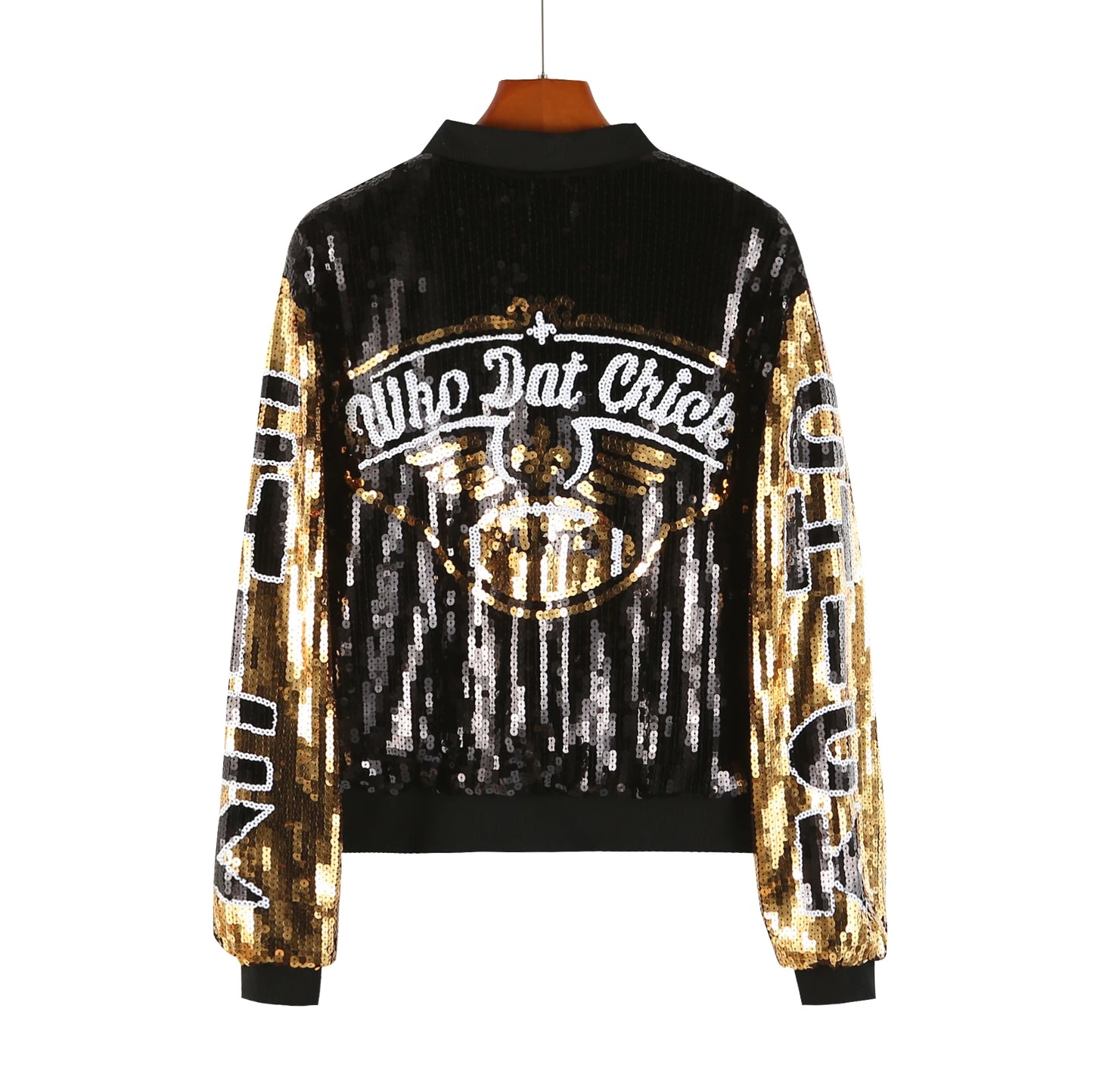 "Who Dat Chick" Black/Gold Cropped Sequin Women's Bomber Jacket-ONE SIZE