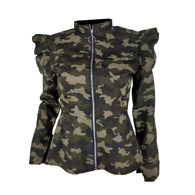 Camouflage Ruched Zipper Puff Shoulder Bomber Jacket