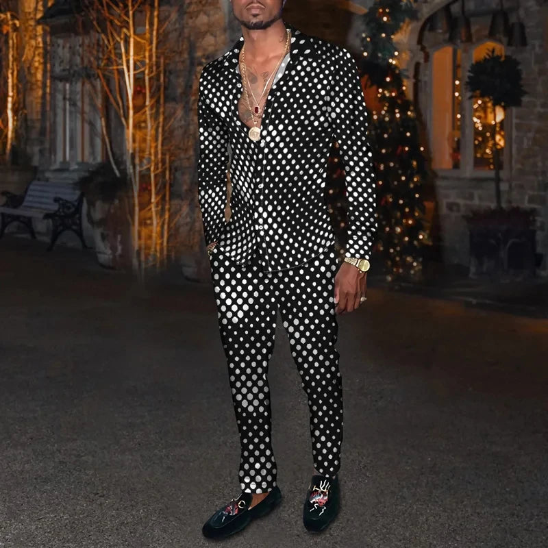 Men's Casual 3D Print Long Sleeve Dress Shirt - Pants Matching 2-Piece Sets