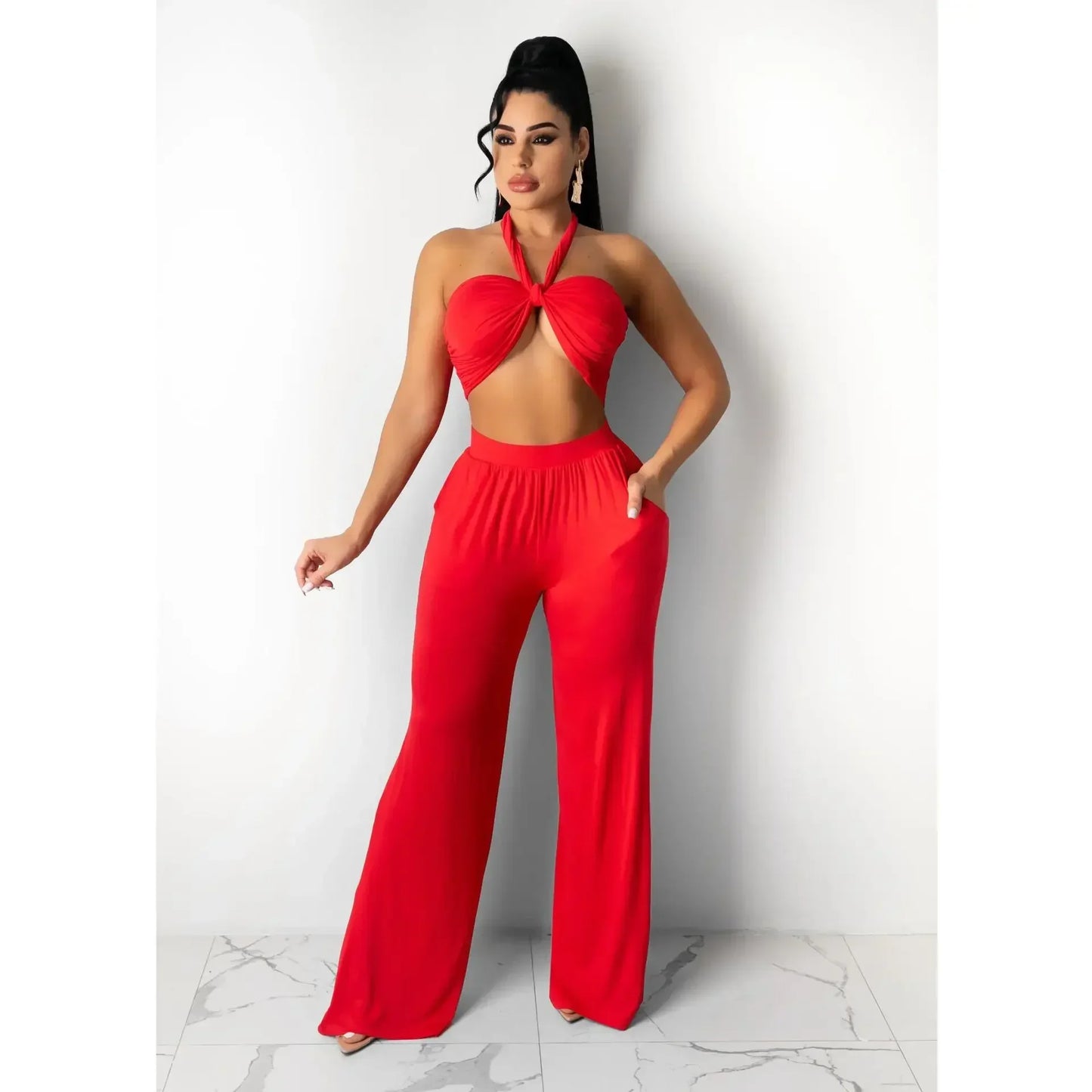 Strapless Hollow-Out  Hatler Neck Crop Top + Leggings Bodycon Solid Color Women's 2-Piece Set