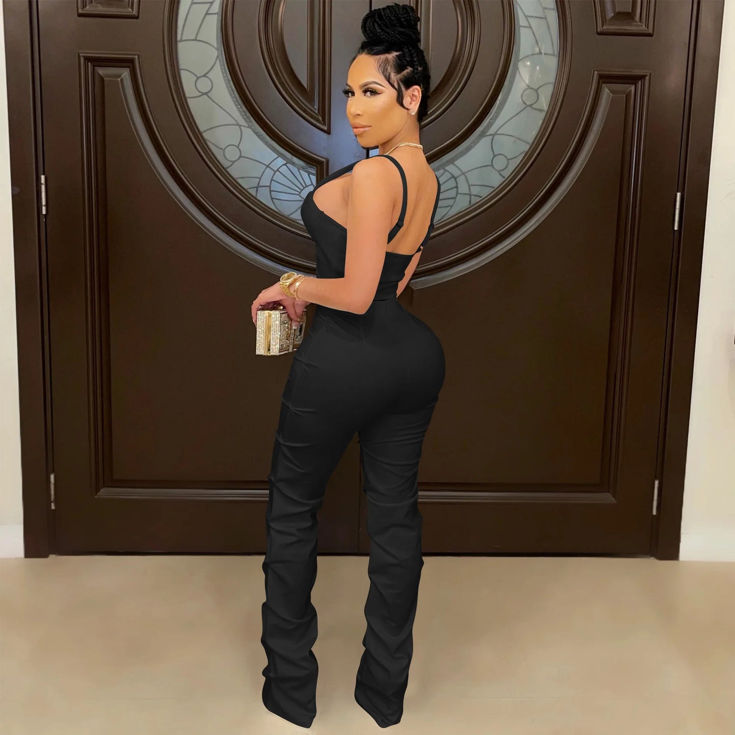Corset Top Hollow-Out Zipper Front Cropped Tank Top + Stacked Zipper Front Pants Women's 2-Piece Set