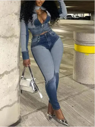 Denim Light/Dark Blue Colorblock Women's Zipper Cropped Jean Jacket + Skinny Jeans 2-Piece Set